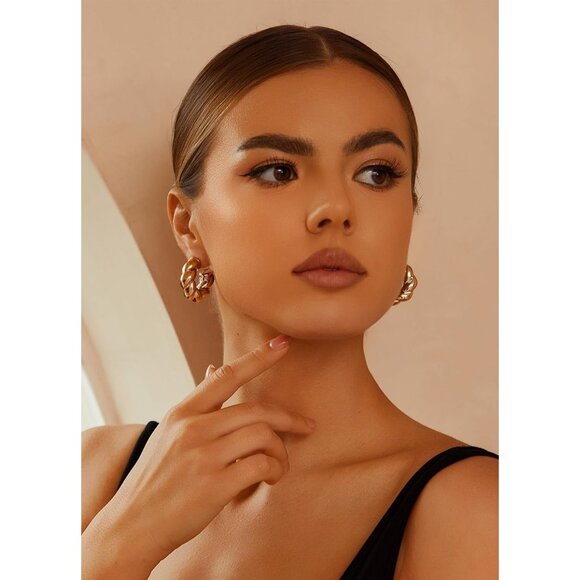 Women's Hypoallergenic Chunky Chain Twisted 24 Pairs Gold Hoop Earrings Set - Picture 2 of 9